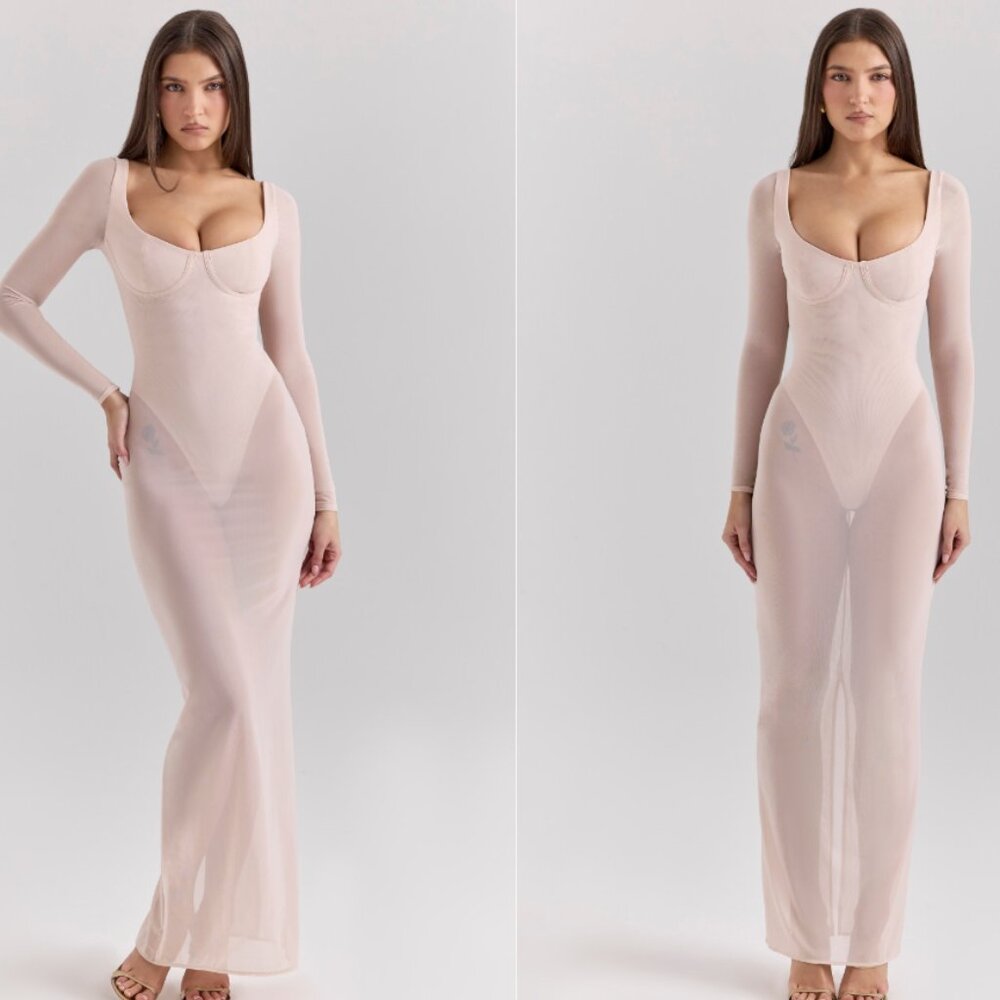 House of CB 'Everly' blush mesh maxi dress with bodysuit NWOT